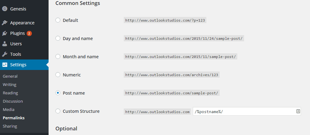wordpress settings - permalinks